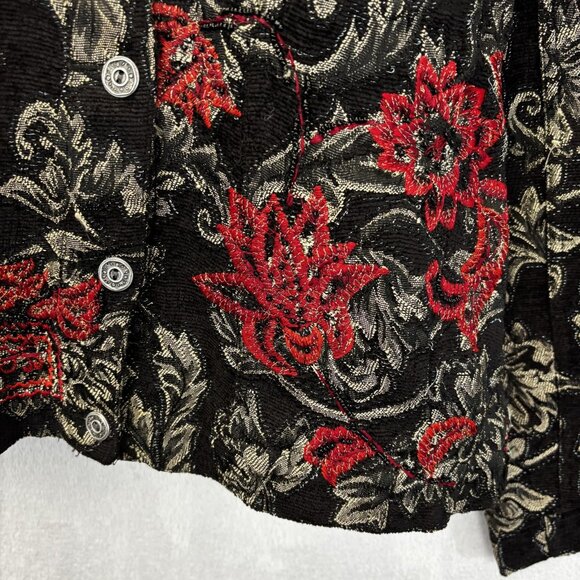 Chico's Jacquard Floral Jacket 0 (Small 4) Black Red Gold Embroidered Christmas - Picture 6 of 16